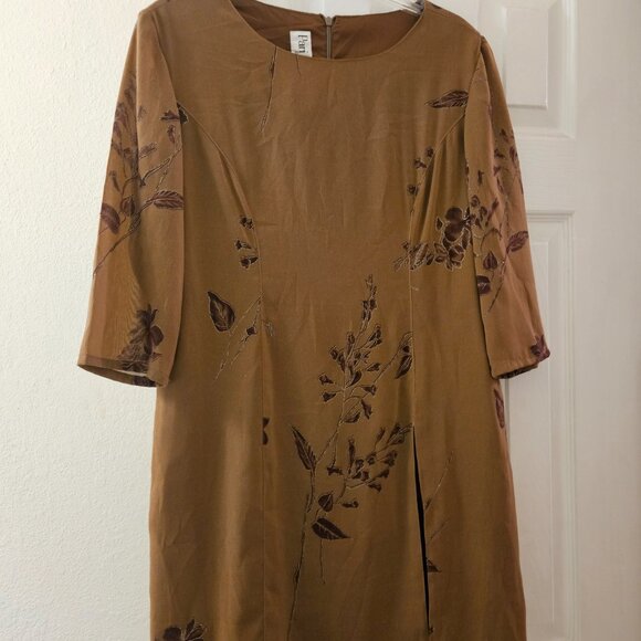 Pari passu Mustard brown fall midi Floral sheer sleeve Embroider Boho dress L - Picture 2 of 12
